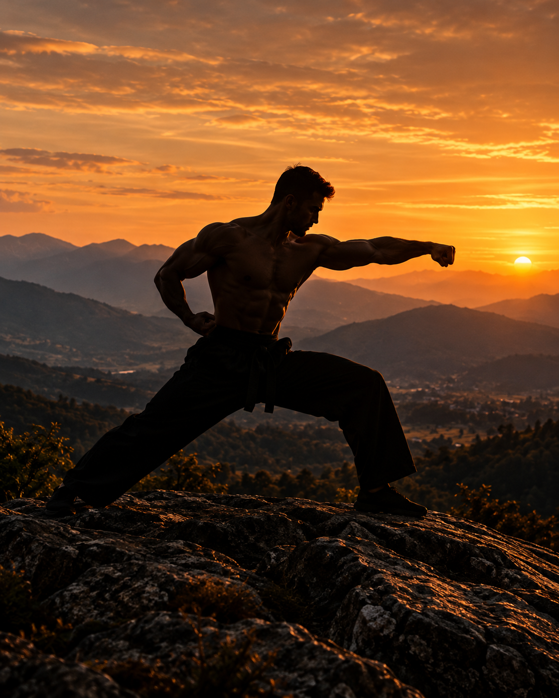 Martial arts training at sunset
